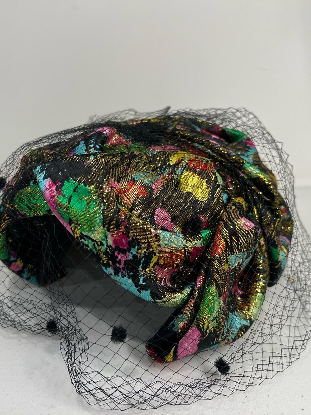 Vintage Black Veiled Headpiece with Multicolor Metallic Floral Accents
